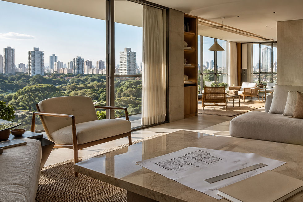 Sala com vista para São Paulo falando sobre o preço por metro quadrado considerando uma planta do imóvel