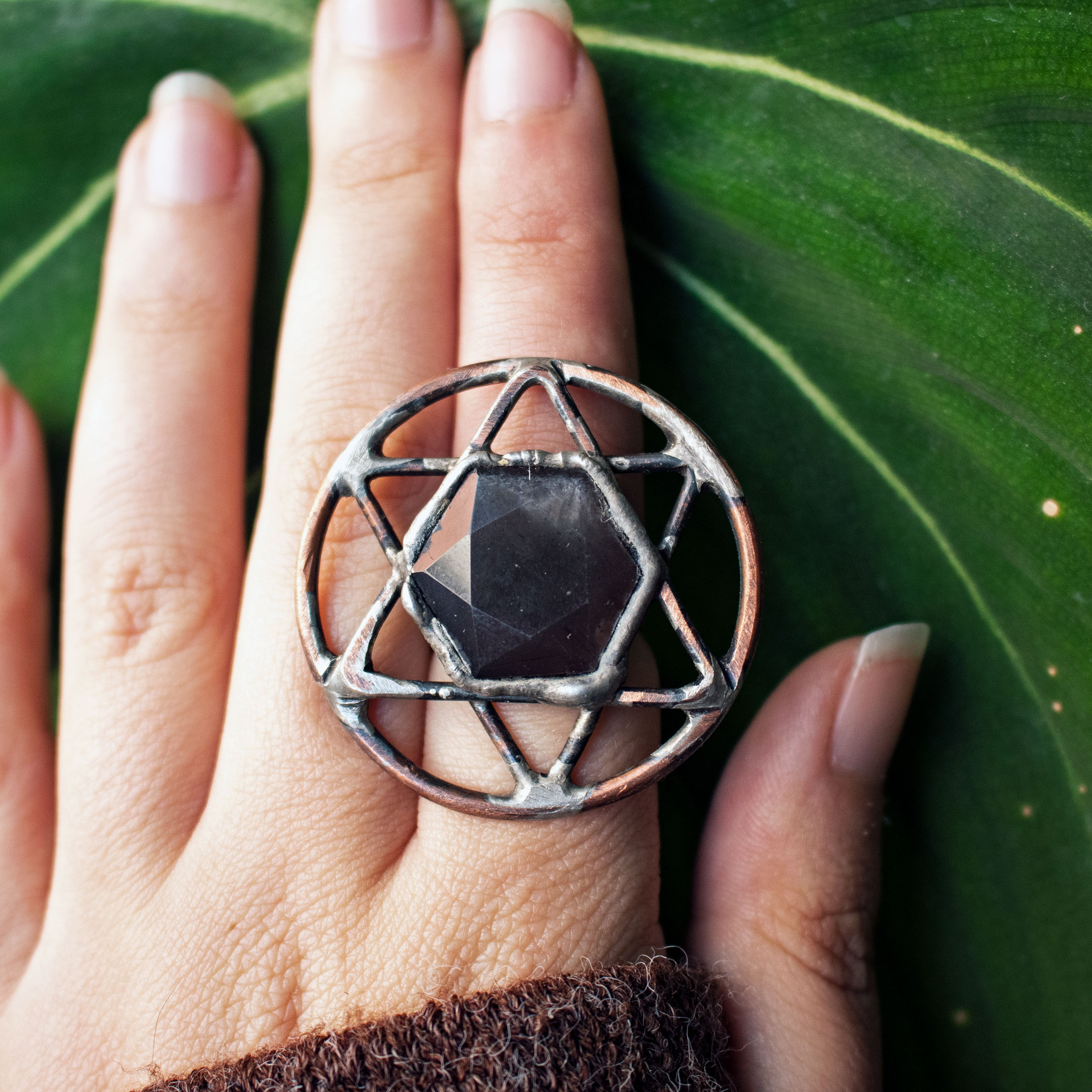 Hexagon Star Grey Moonstone adjustable ring