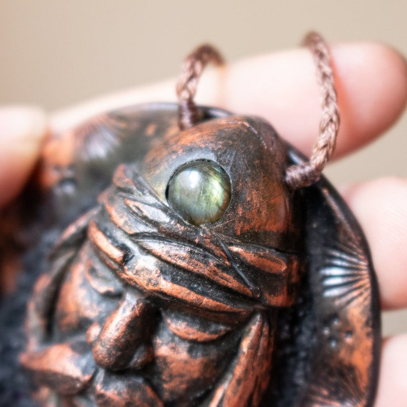 Thumbnail: Sculpted Copper Warrior with Labradorite third Eye and raw Amethyst points