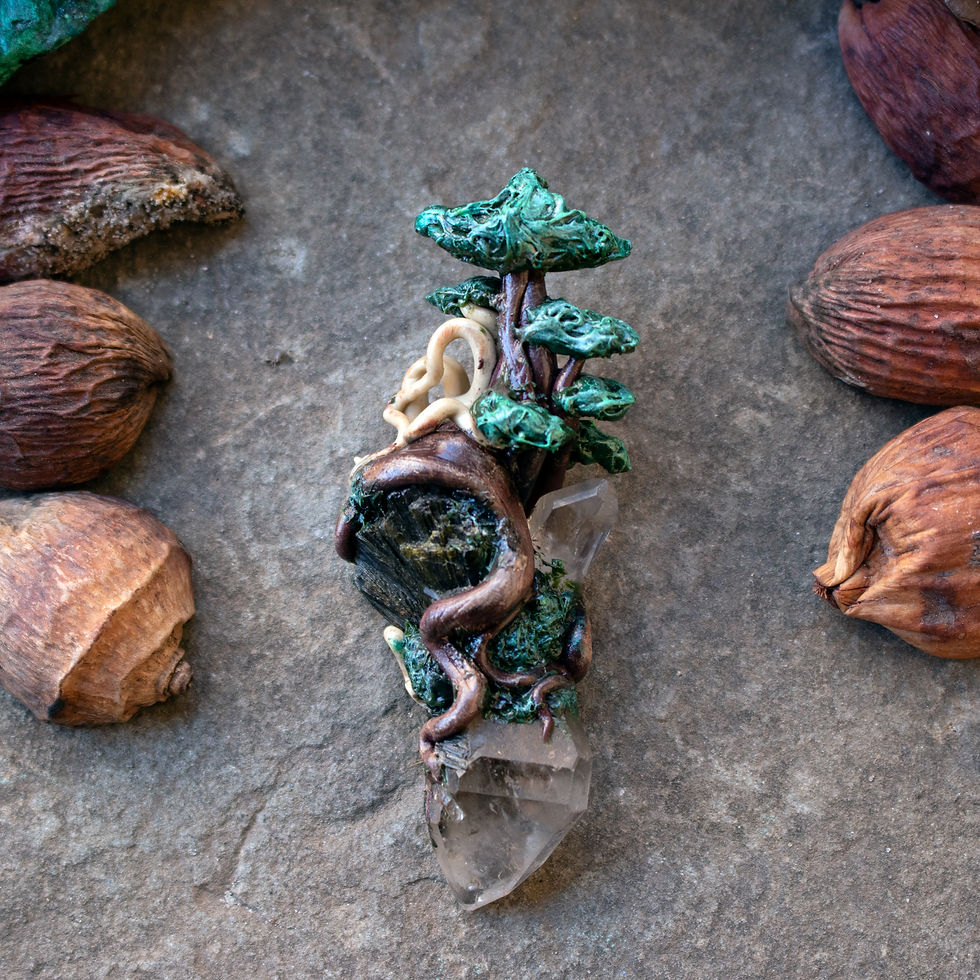 Natural Clear Quartz with raw Tourmaline Tree of Life pendant