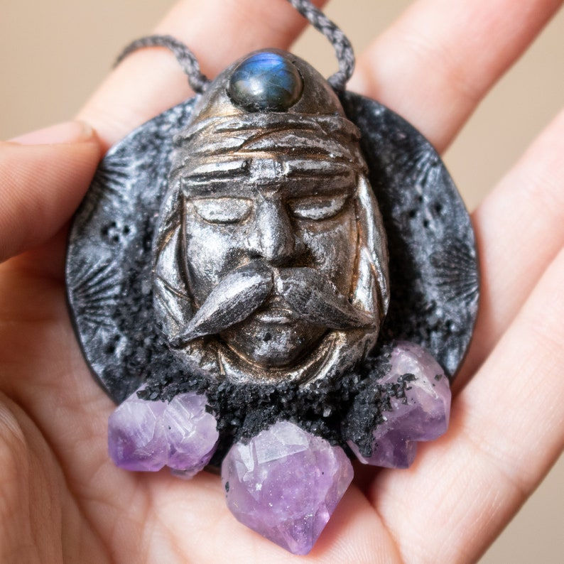 Thumbnail: Sculpted Copper Warrior with Labradorite third Eye and raw Amethyst points
