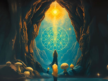 A woman standing in a magical cave with mushrooms looking at a beaming light and flower of life.