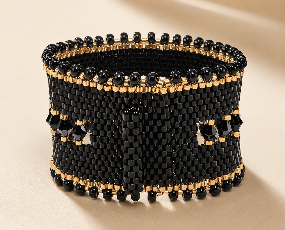 Brazalete Osiris negro artesanal con cierre tejido, ideal para un estilo sofisticado y looks de noche elegantes.