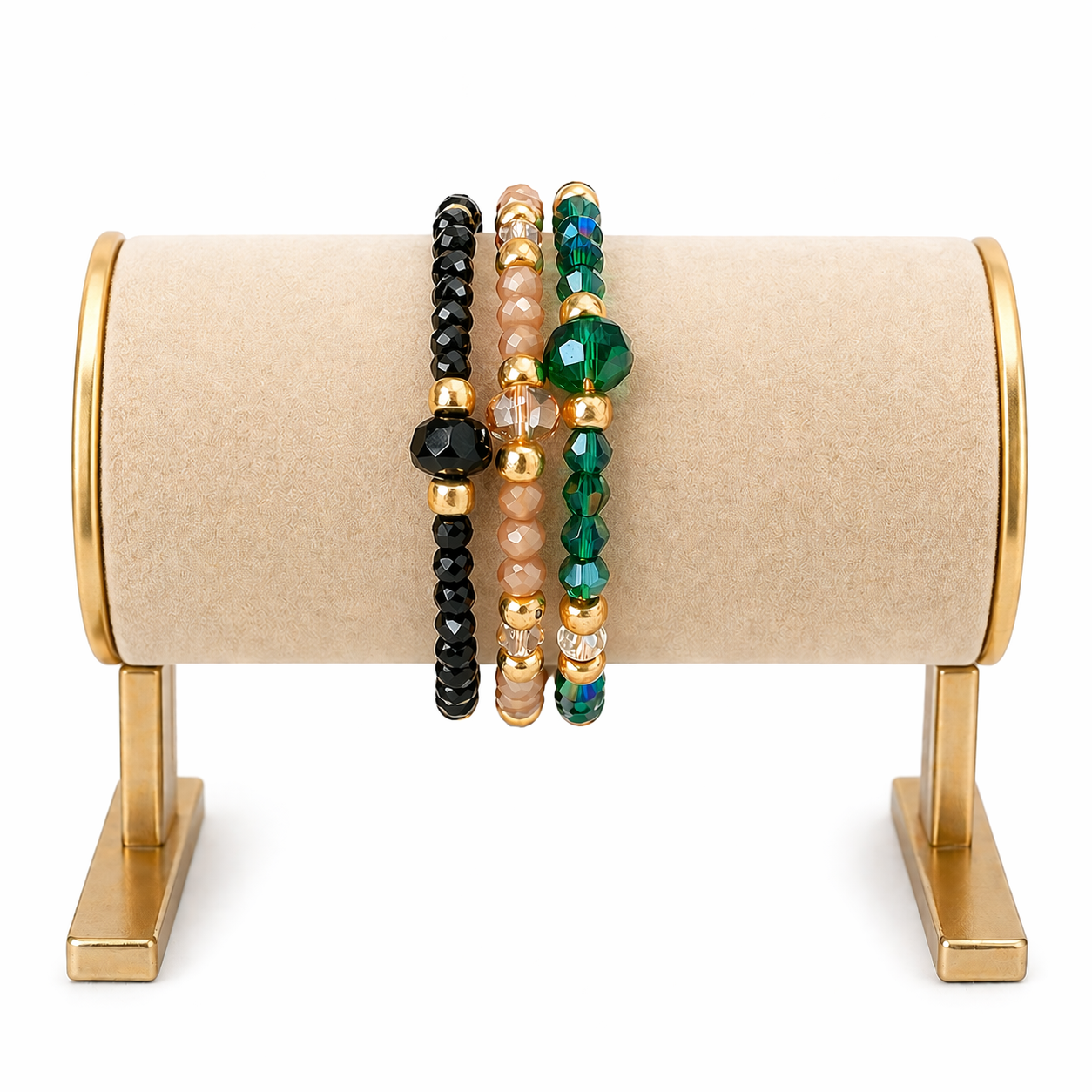 Pack de 3 pulseras brillantes Irina de cristal checo sobre expositor de joyería.