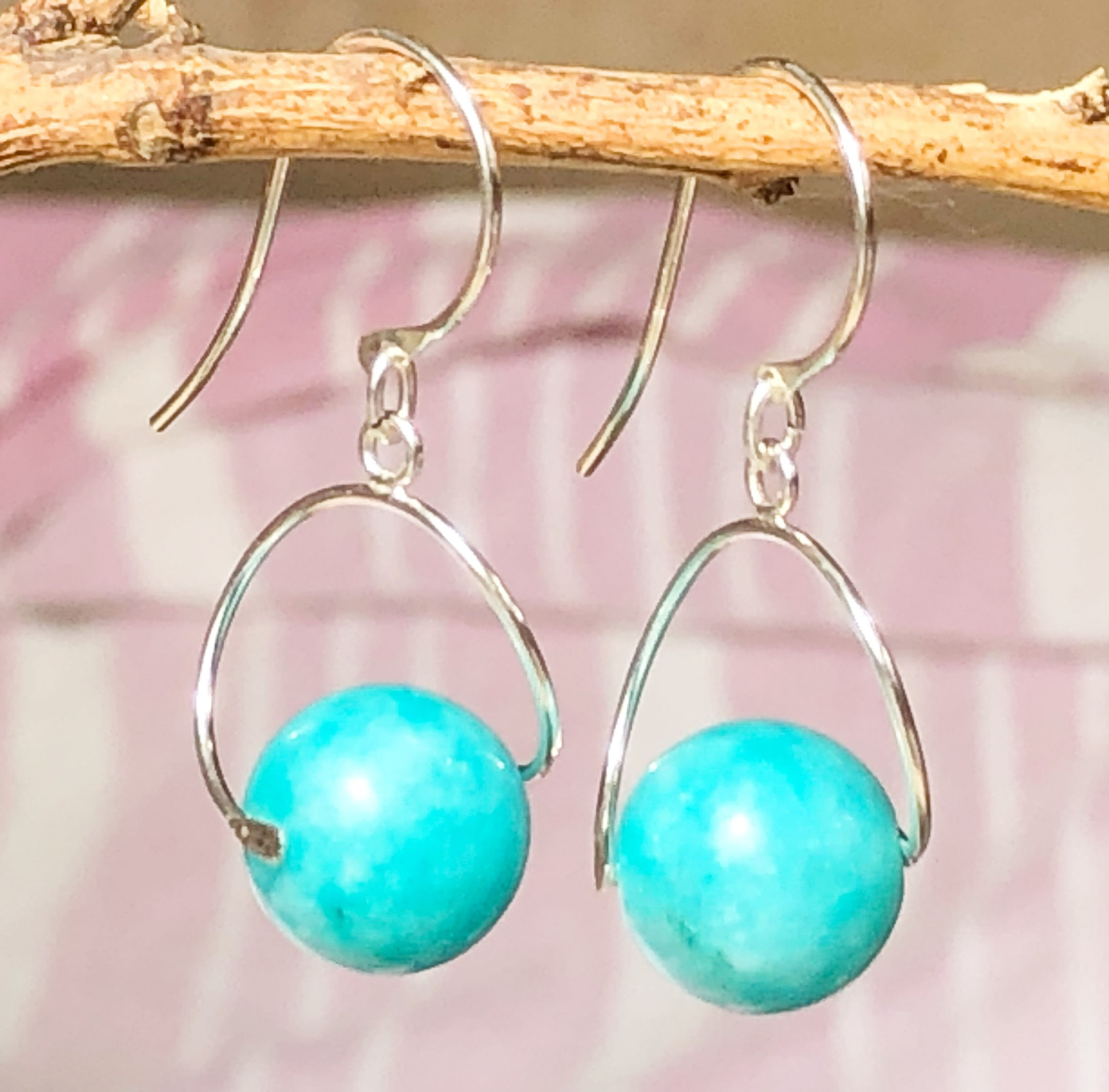 Pendientes mujer largos bola de amazonita y plata