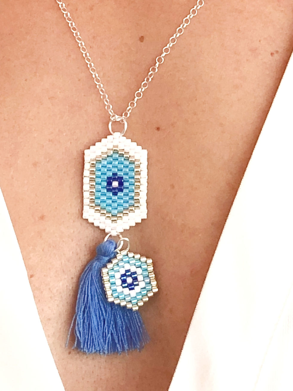 Miniatura: Colgante mujer plata ojo turco. Cadena de plata. Borla azul