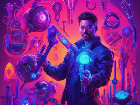 Ai-generated image of copywriter surrounded by futuristic tools