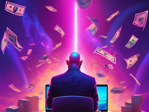 futuristic photo-real image in neon colours, lots of blue and purple, depicting a bald man with a beard at a laptop (seen from behind) while money falls from the skies above him