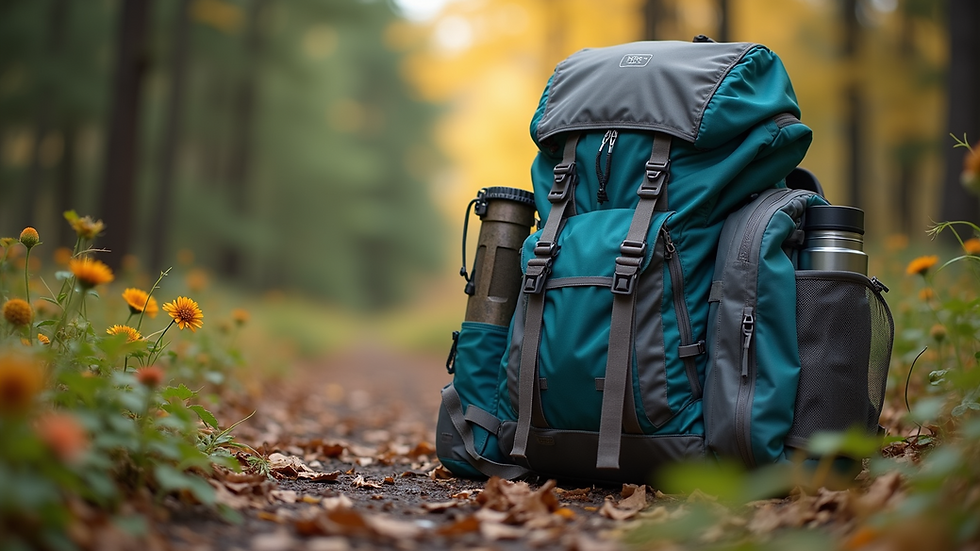 Eye-level view of a neatly packed camping backpack with essential gear