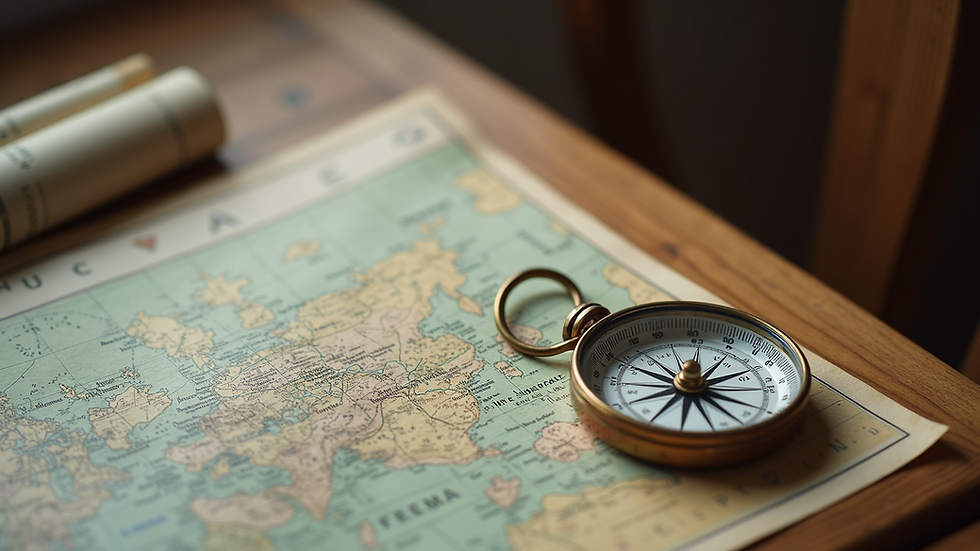 High angle view of a map and compass on a wooden table