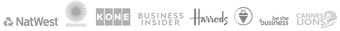 Mike Peake website copywriter client logos, including Harrods, NatWest, Business Insider and Virgin Atlantic