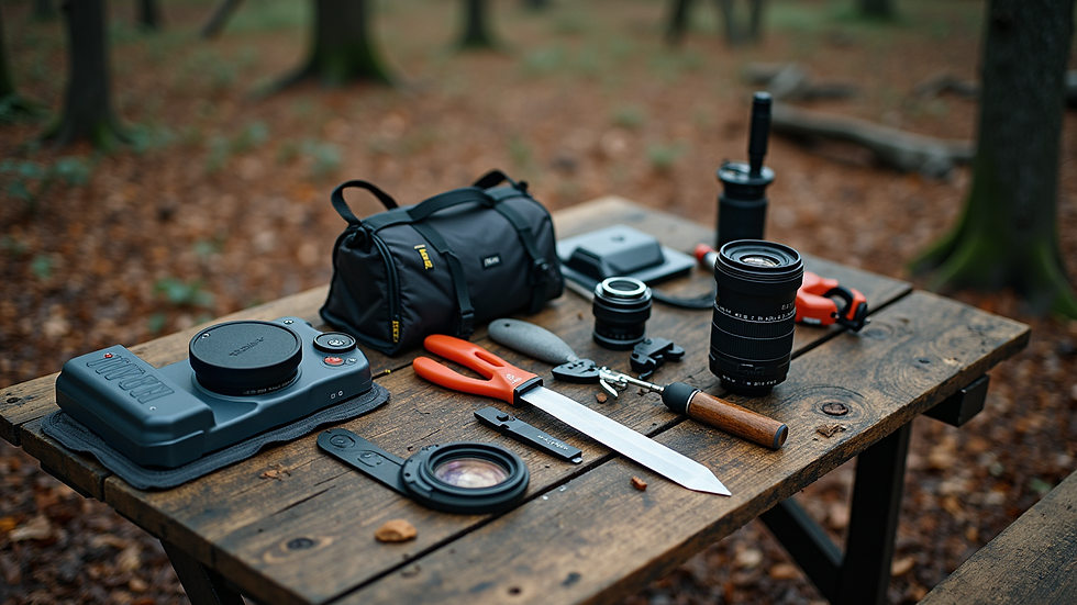 High angle view of camping gear laid out on a wooden table