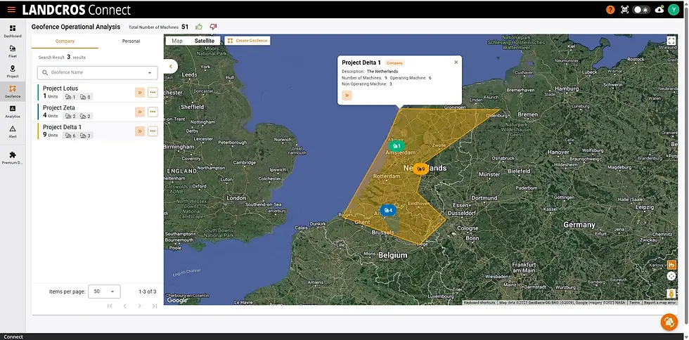 Displaying operational information for machines within a geofenced area