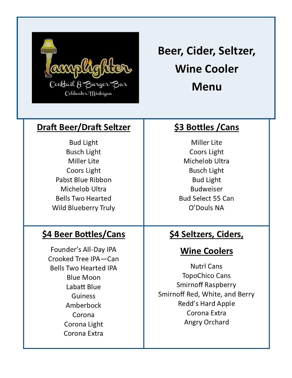 Lamplighter Menu