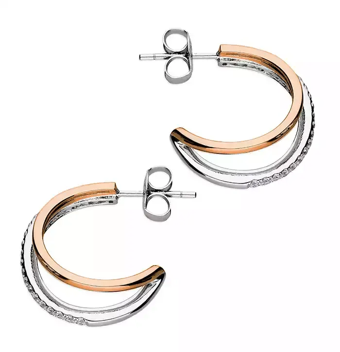 Sterling Silver Earring Two-tone plain and cubic zirconia double stud hoop
