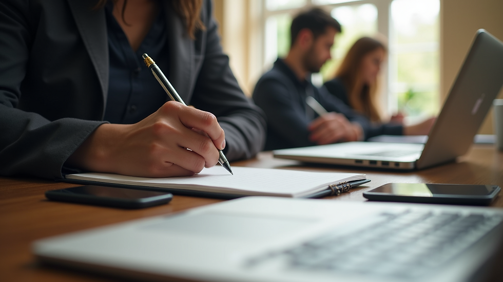 Eye-level view of a person writing notes during a focused conversation