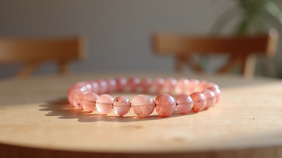 Vue rapprochée d'un bracelet en quartz rose posé sur une table en bois clair