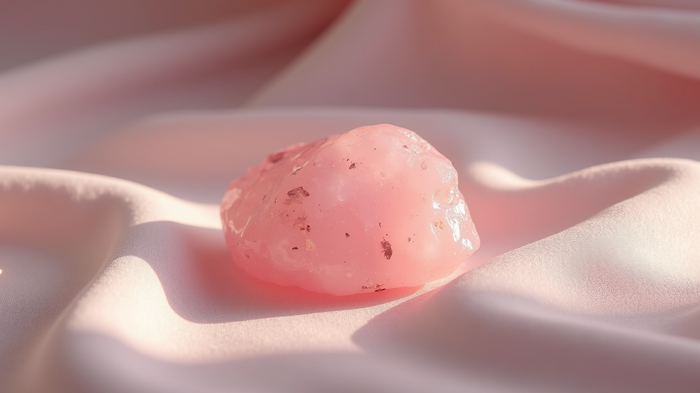 Vue rapprochée d'une pierre de quartz rose posée sur un tissu doux