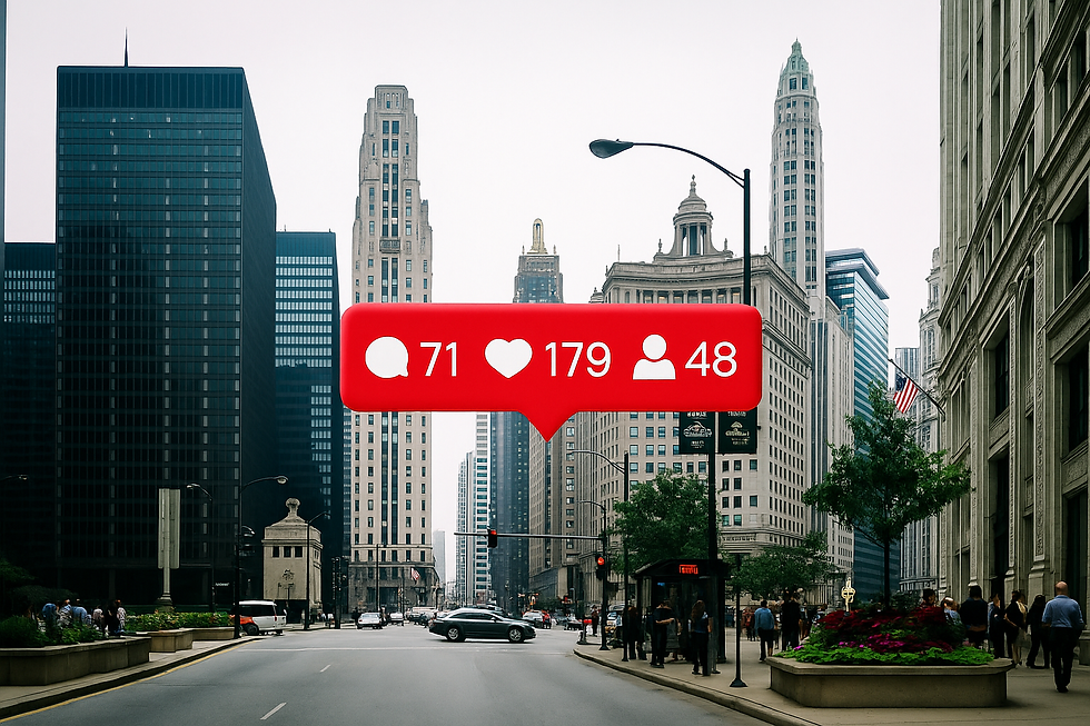 Vue urbaine du centre-ville de Chicago avec des gratte-ciel emblématiques et la circulation en arrière-plan. Un grand pictogramme rouge de type notification Instagram, affichant 71 commentaires, 179 mentions J’aime et 48 nouveaux abonnés, est superposé au centre de l’image, symbolisant le marketing d’influence et l’engagement sur les réseaux sociaux.