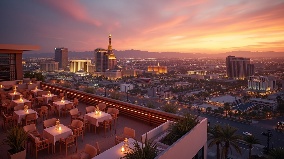 High angle view of a rooftop venue overlooking Las Vegas skyline at sunset