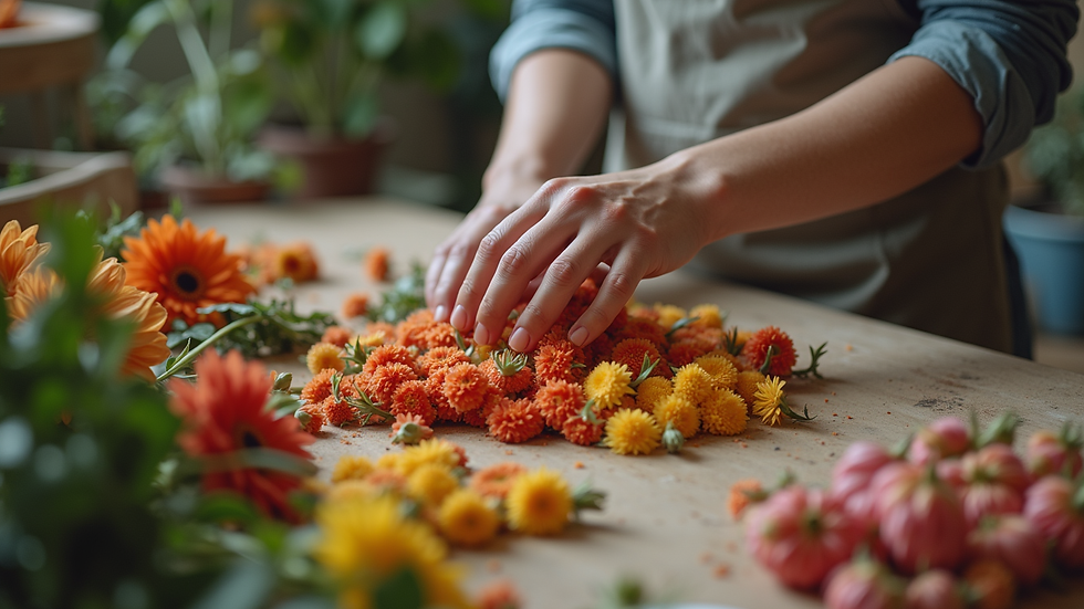 Close-up view of hands arranging flowers in a workshop
