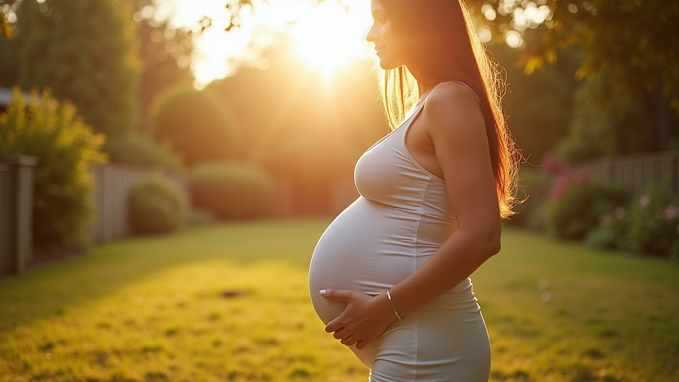 Eye-level view of a pregnant woman standing in a sunlit garden