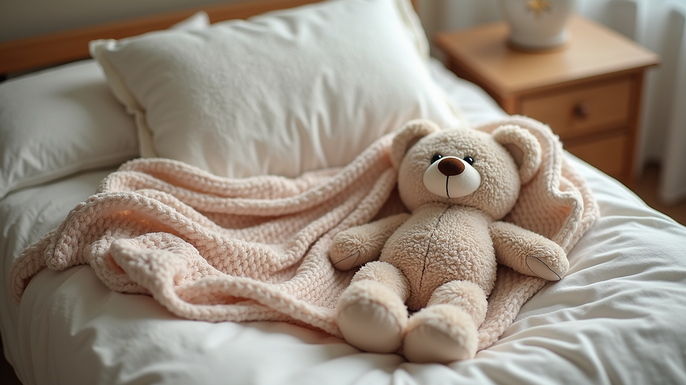 High angle view of a cozy baby blanket with props lying beside a cute teddy bear