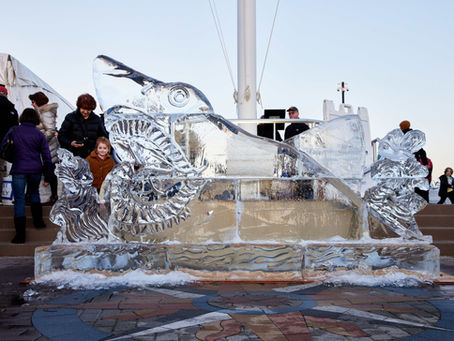 Jaws-inspired ice sculpture photo op by Lito Baban for the Town of Bethany Beach at the Southern Delaware Fire & Ice Festival. Built from 10 ice blocks, the towering shark drew large crowds to the boardwalk.