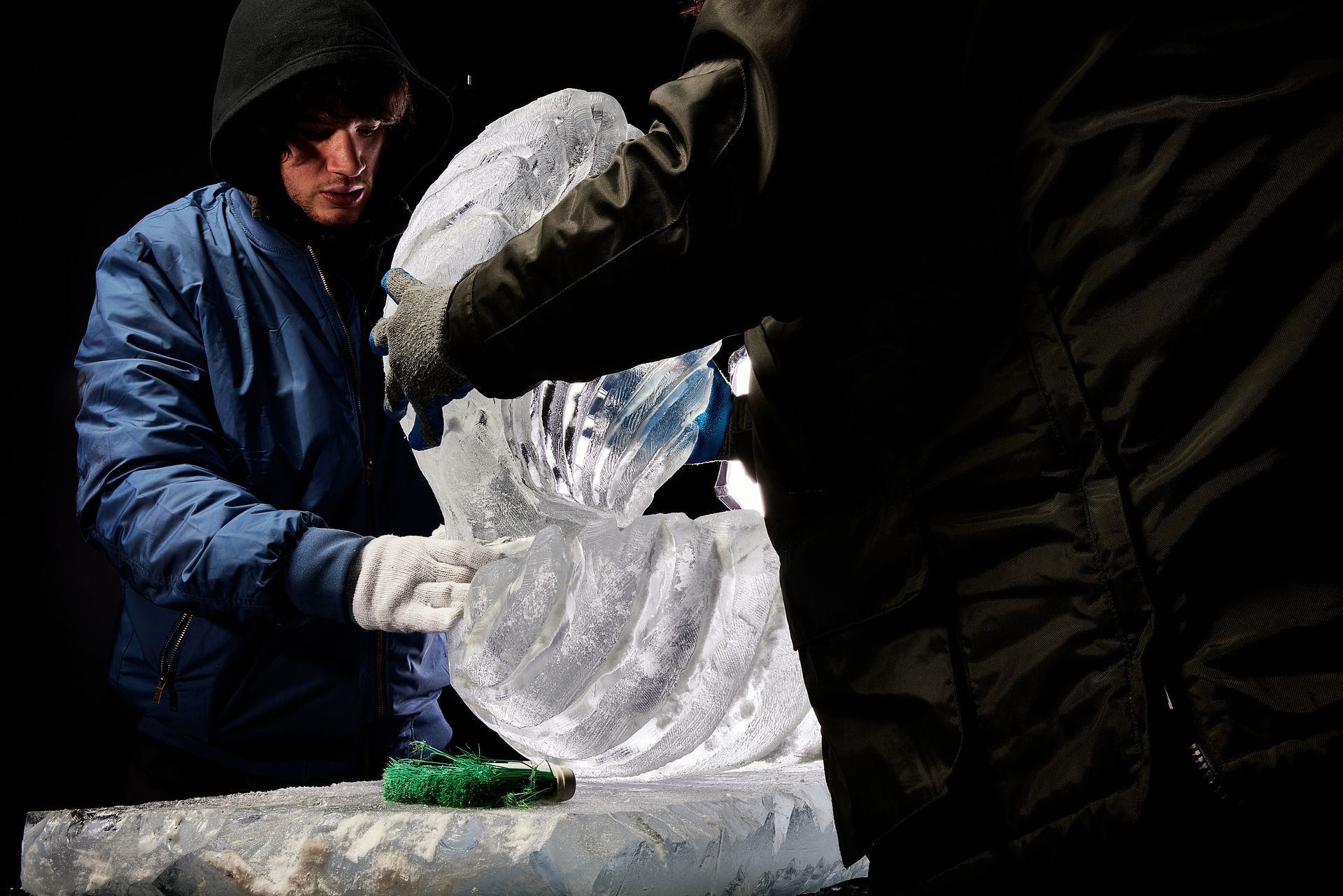 The Ice God setting up an ice sculpture