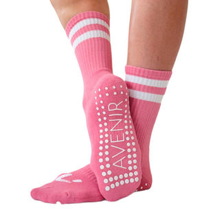 Customizable pink striped crew grip socks for studio branding