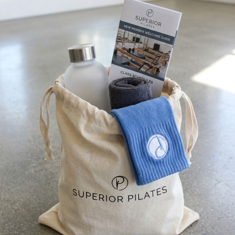 New member welcome bag for a Pilates studio featuring custom grip socks, a water bottle, class guide, and branded wellness accessories.