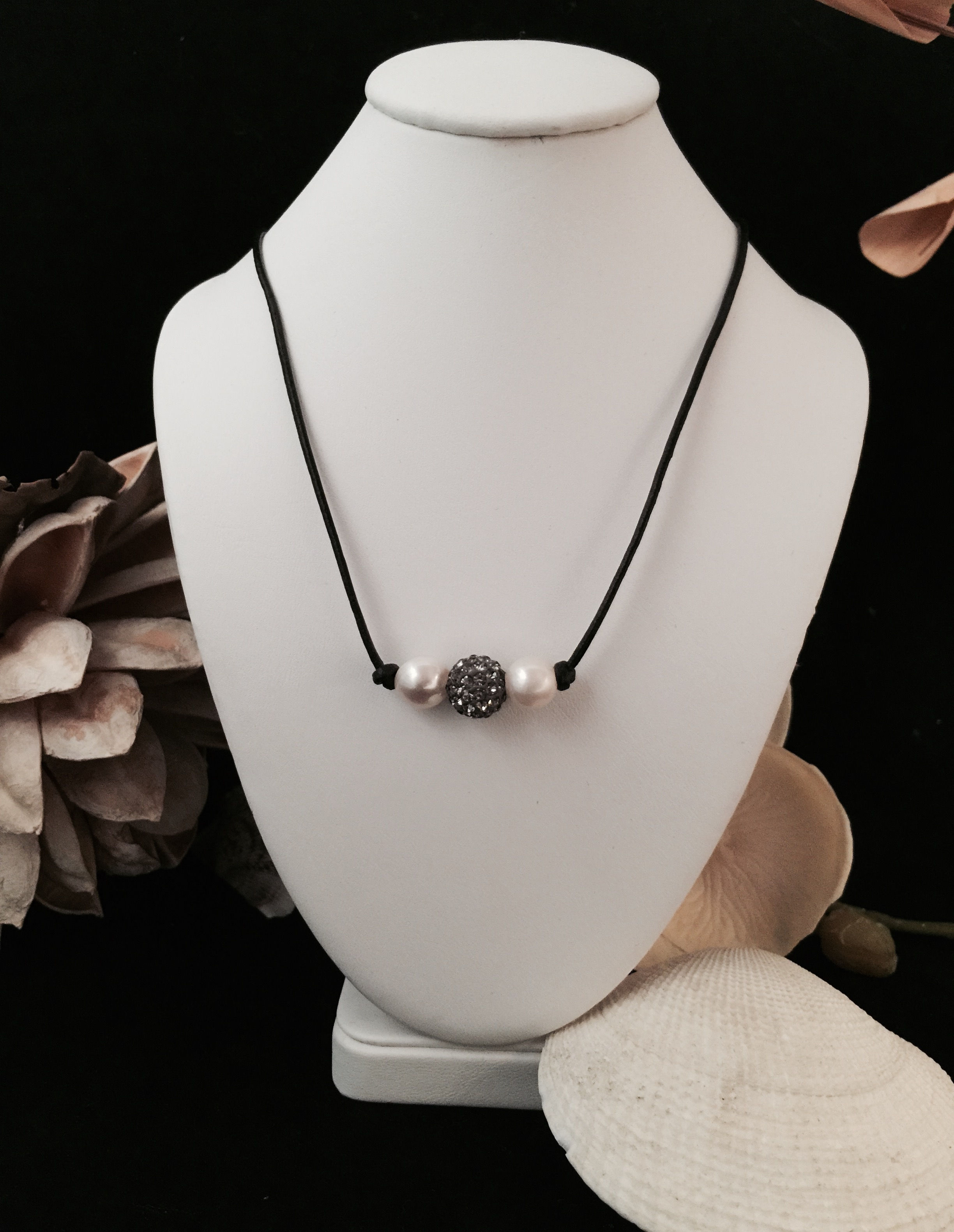 Black Leather Pearl Necklace