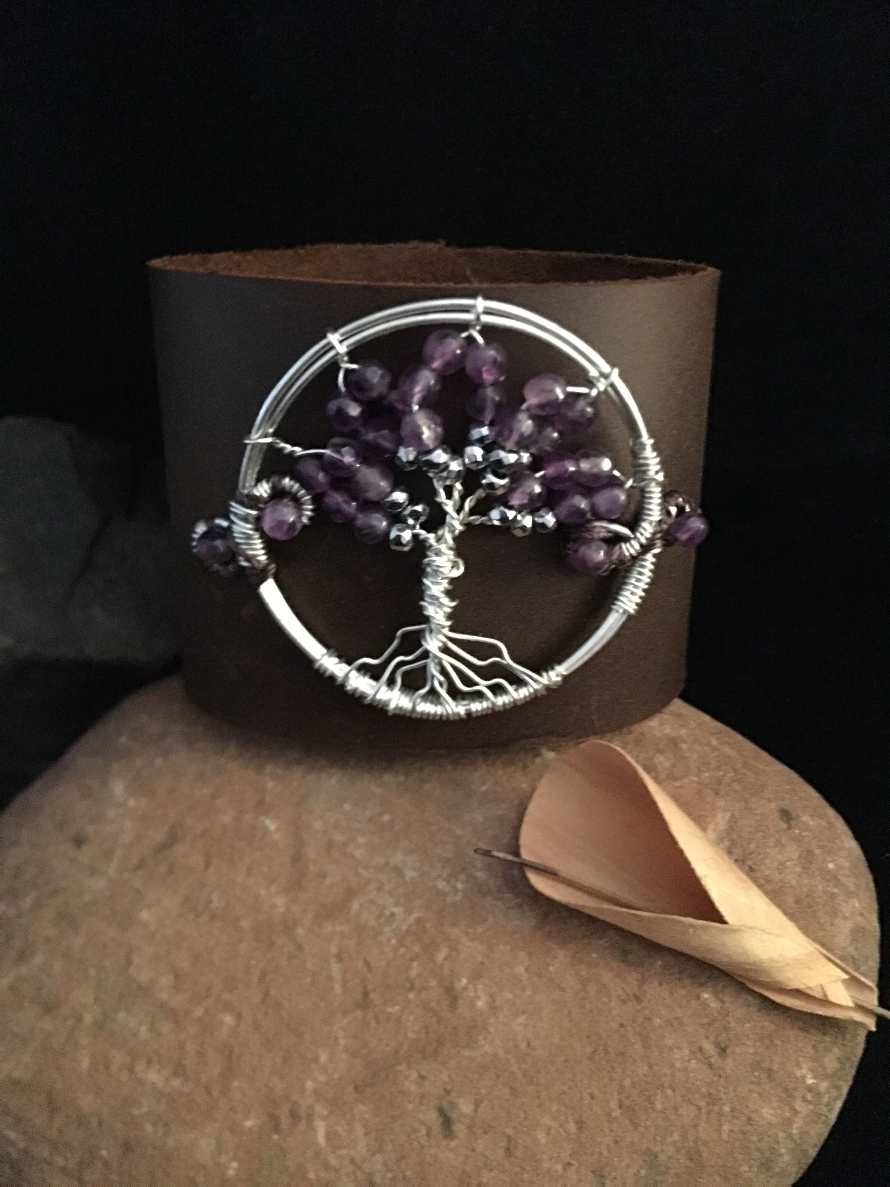 Genuine Leather cuff with Amethyst stones