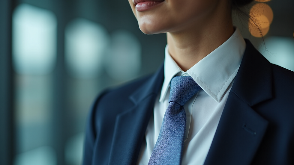 Close-up view of a professional shirt collar and tie