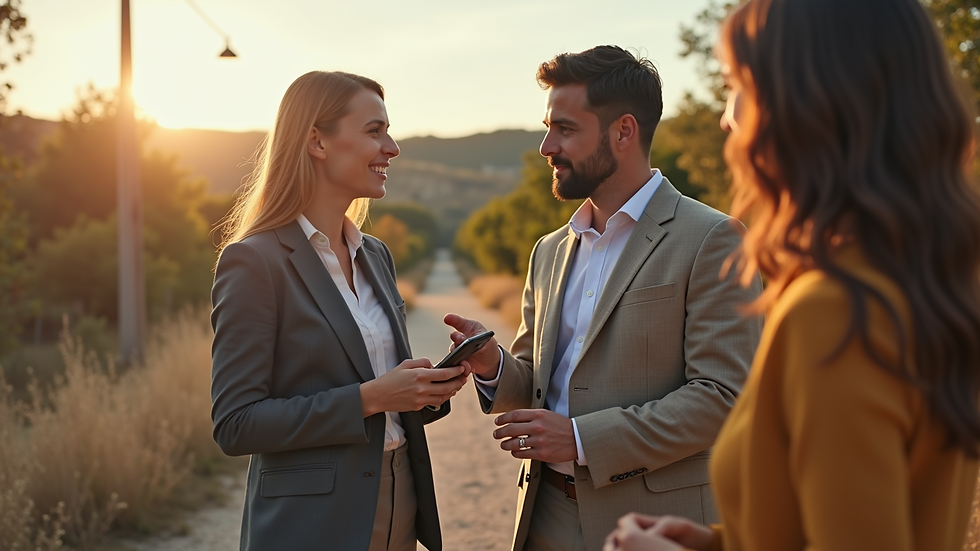 Eye-level view of a photographer and client discussing branding photos outdoors