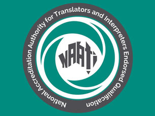 NAATI logo featuring a circular design with a stylised swirl in white and green. The acronym 'NAATI' appears in bold, angular lettering at the centre. Surrounding the logo, a dark grey ring contains the full name: 'National Accreditation Authority for Translators and Interpreters Endorsed Qualification'.