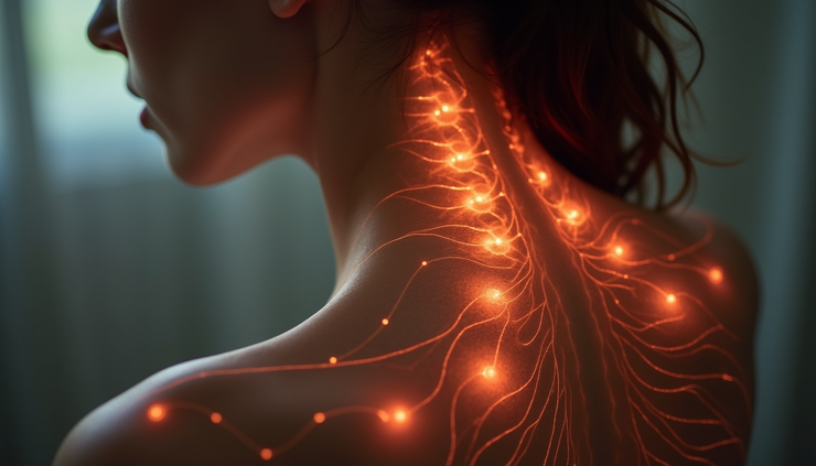 Close-up view of a human back with highlighted areas of pain and healing energy