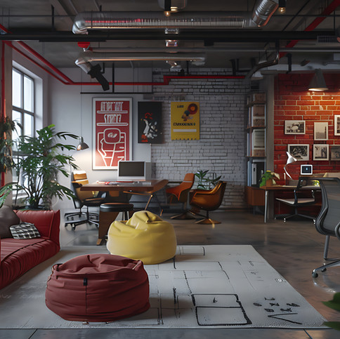 Gemütliches Büro mit roter Couch, gelben Sitzsack, Tischen und Computern, My Site 24.
