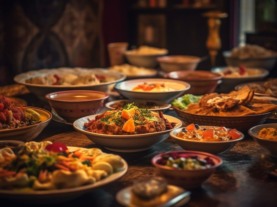 Verschiedene Gerichte auf einem Tisch, viele Speisen, Über uns, köstliches Essen.