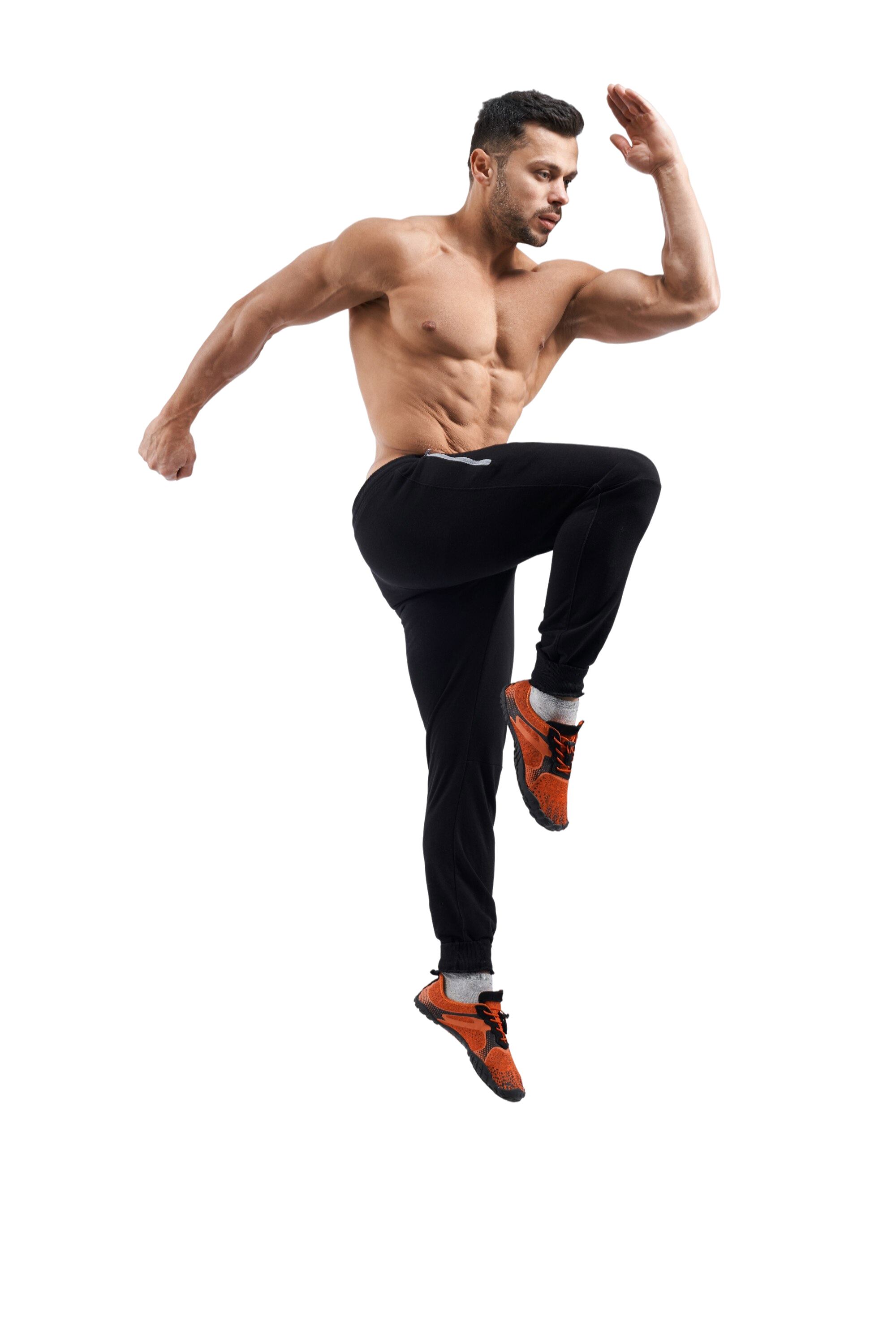 Mann springt, muskulöser Körper, Fitness