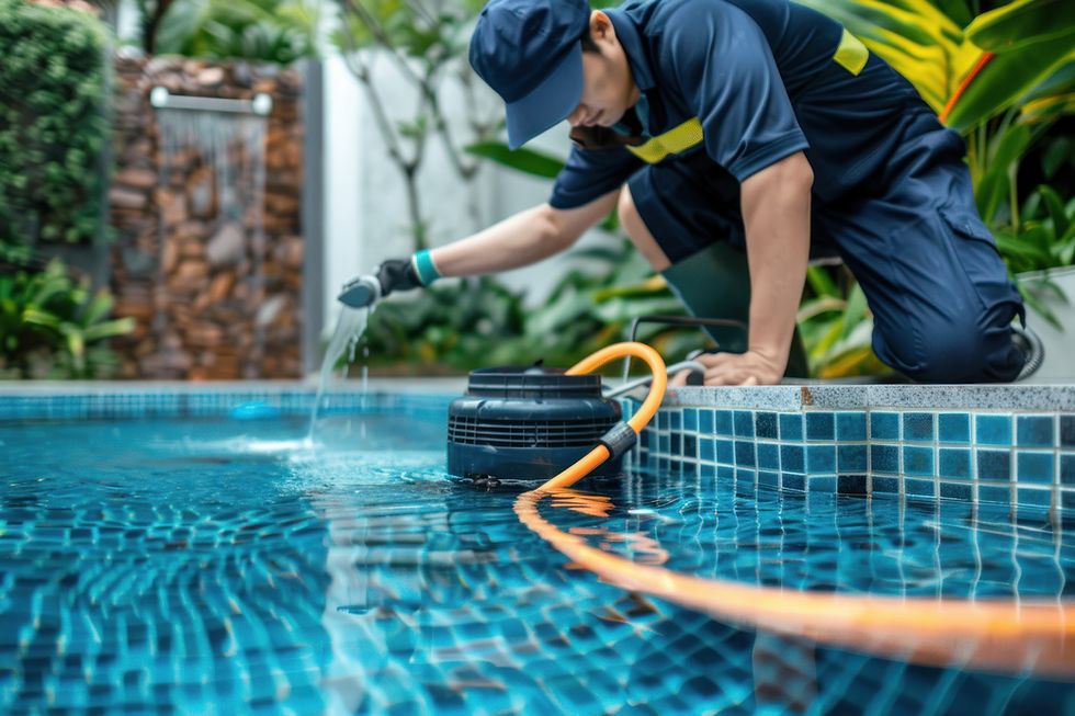 Professional pool cleaner maintaining blue tiled swimming pool with hose.