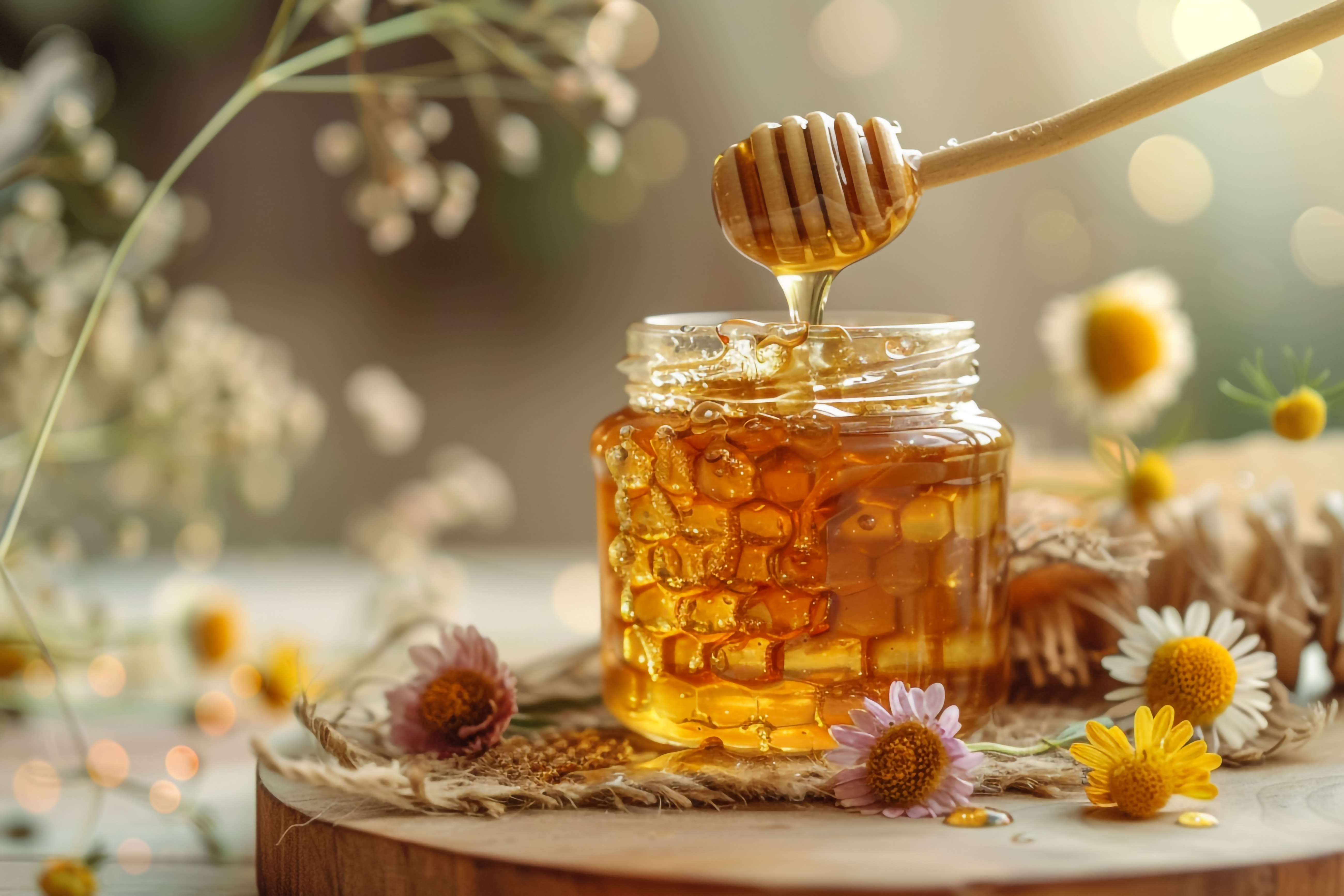 honey-jar-with-beehive-it-branch-with-flowers-background.