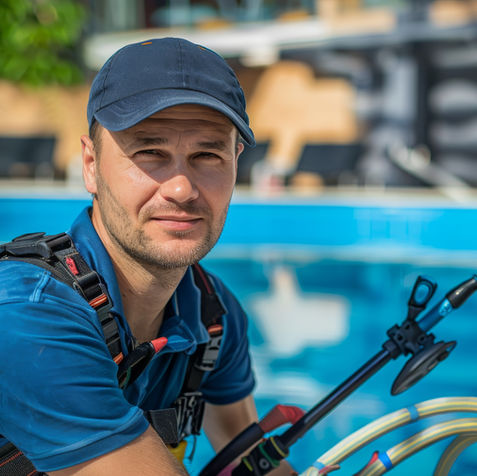 Mann in blauer Kappe, Poolreiniger mit Schlauch, blickt in Kamera am Pool.