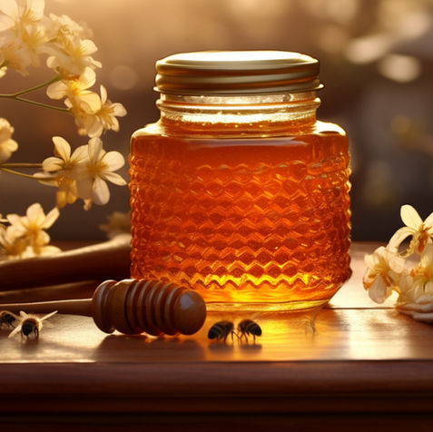 Honigglas auf einem Tisch mit Honiglöffel und Blumen, My Site 16.