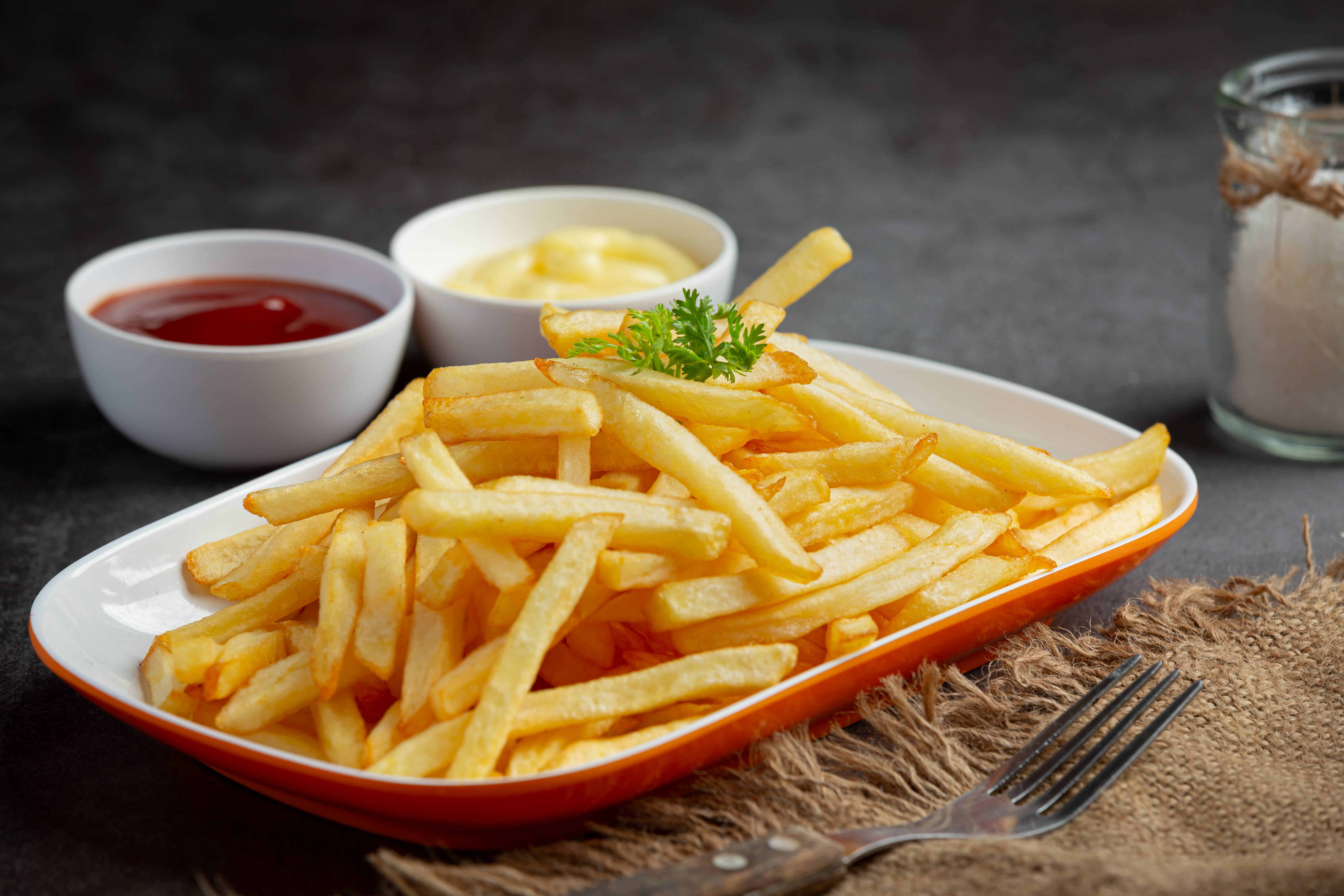 Pommes Frites auf einem Teller mit Ketchup und Mayonnaise, Starsite.