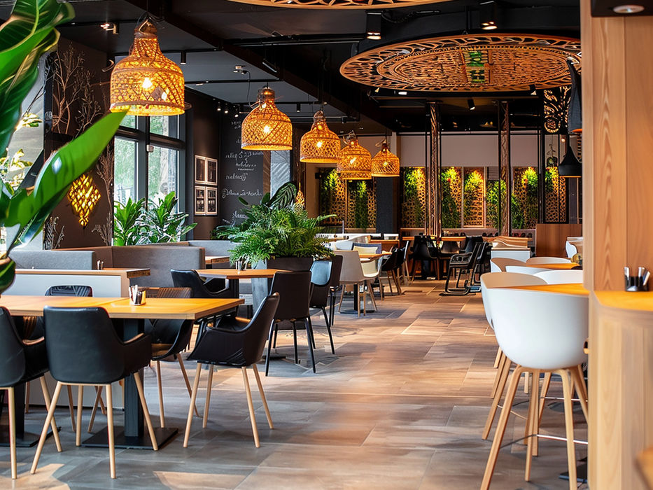 Restaurant interior with hanging lights and tables, cozy atmosphere, dining area, My Site 14