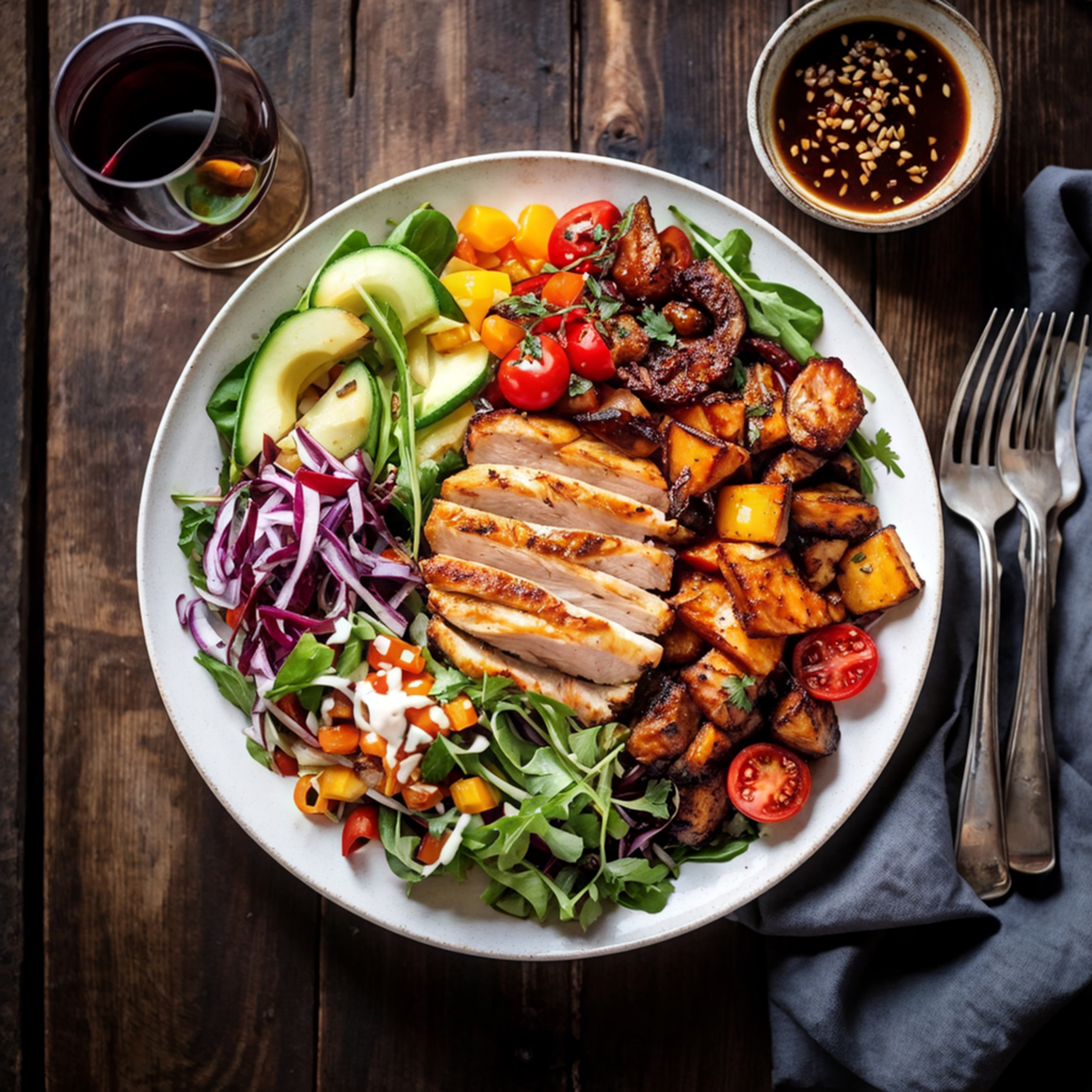 Leckeres Hähnchen-Salat-Bild mit gebratenem Hähnchen, Avocado und geröstetem Gemüse