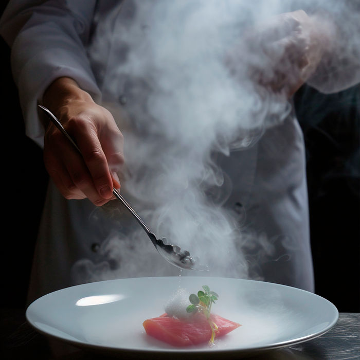 Koch platziert Essen auf Teller mit Dampf, Gourmet Gericht, Nahaufnahme.