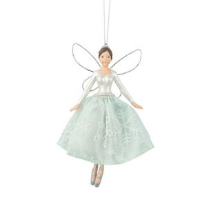 Pale green ballerina ornament wearing a snowflake dress with silver wings and silver shoes, 5.75 inches tall.