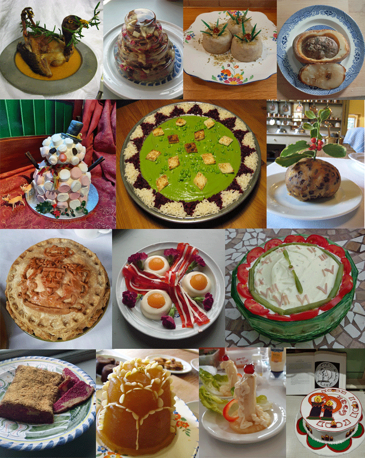 This is a composite image featuring historic food. There's a roast bird with its heads and legs on, a transparent jelly with nuts and fruit in, some banana mousses, a poatato with a kidney in, a marshmallow snowman, a bright green pea soup, a round xmas pudding, an ornate pie, a jelly in the shape of bacon and eggs, a salad covered with mayonnaise to look like a clock face, a marzipan ham, an apple cheese, a rather phallic banana candle salad and a 1960s xmas cake with iced candles on it.